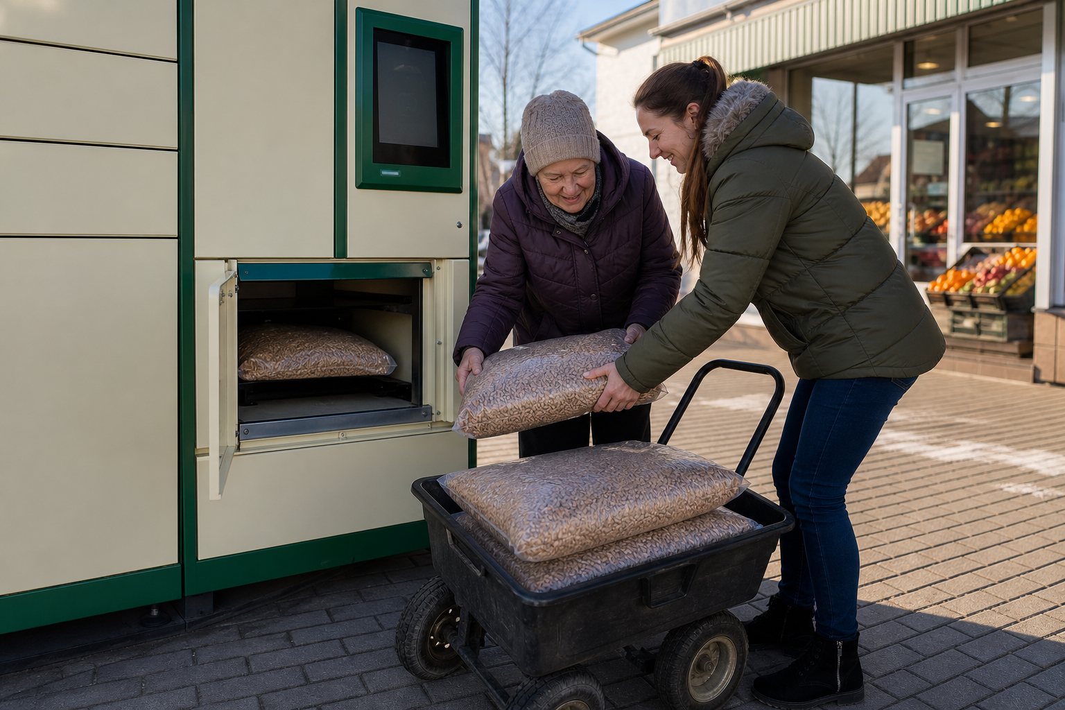 Mieszkanki odbierają worki peletu z automatu przy lokalnym sklepie